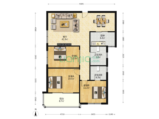 桥苑公寓 3室1厅2卫 144平方