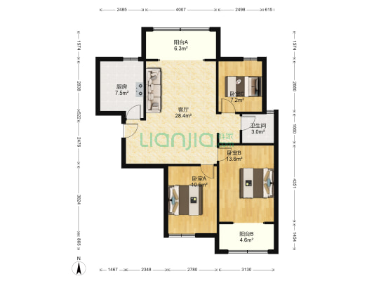 财富御水华庭小区西区 3室1厅1卫 113平方