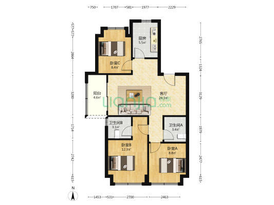 金鼎阅府东区 3室1厅2卫 95平方