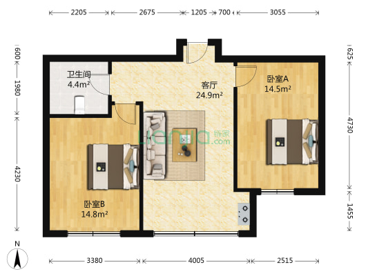 于家小区 2室1厅1卫 86平方
