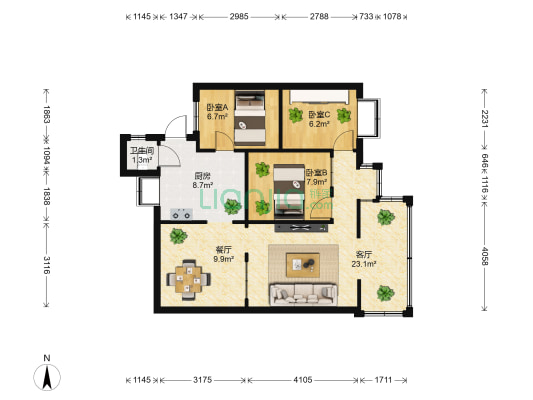 后新街22号 3室2厅1卫 61平方