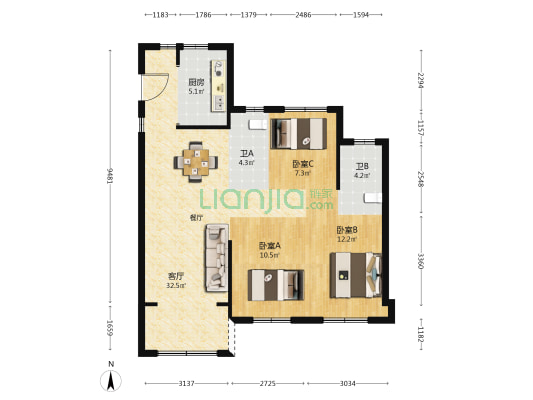 国贸润原 3室1厅2卫 88平方