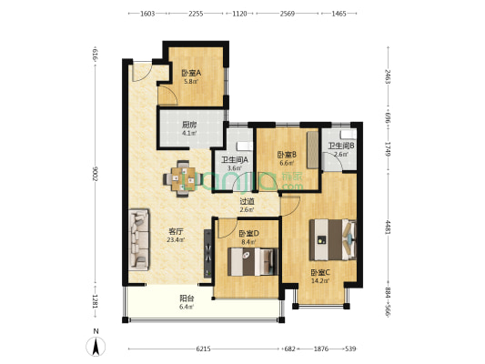 联发君澜 4室1厅2卫 89平方