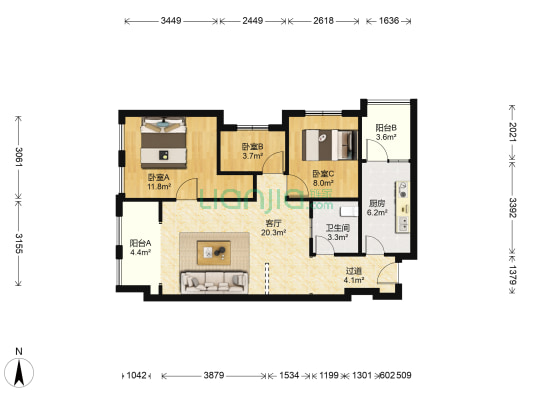 城开绿城绿园 3室1厅1卫 91平方