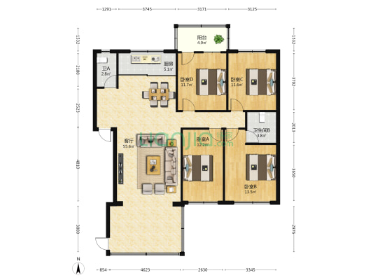高院生活区 4室1厅2卫 131平方