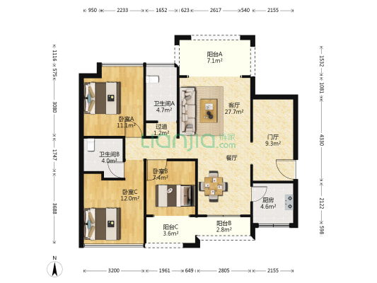 金钟时代城 3室1厅2卫 110平方