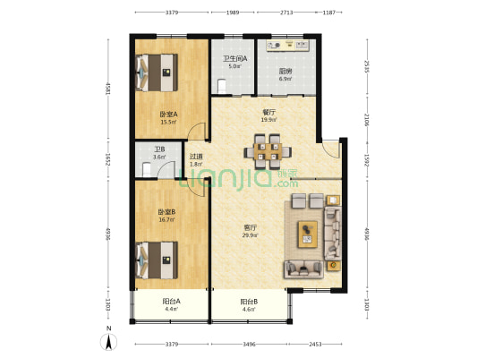 中洋花苑 2室2厅2卫 136平方