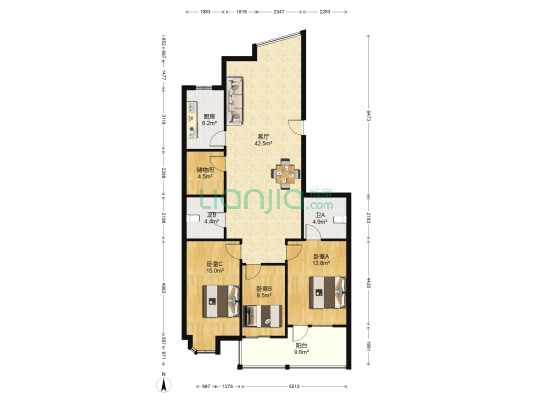 长发公寓 3室1厅2卫 132平方