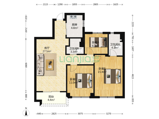 像之素公寓 3室1厅2卫 89平方