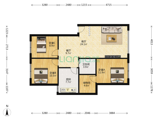 健康路4号 3室2厅1卫 104平方