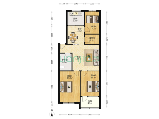 东春服装家属楼 3室2厅1卫 97平方