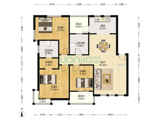 金地格林世界(卢尔公寓) 3室1厅2卫 119平方