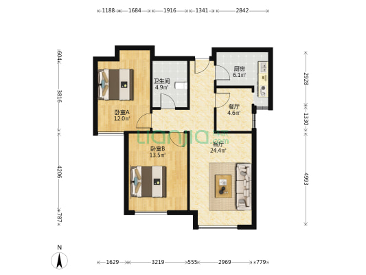 鸿坤全南向两居室    带装修   满两年   随时看房-户型图