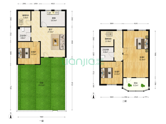 信特花园B区 3室1厅2卫 222平方