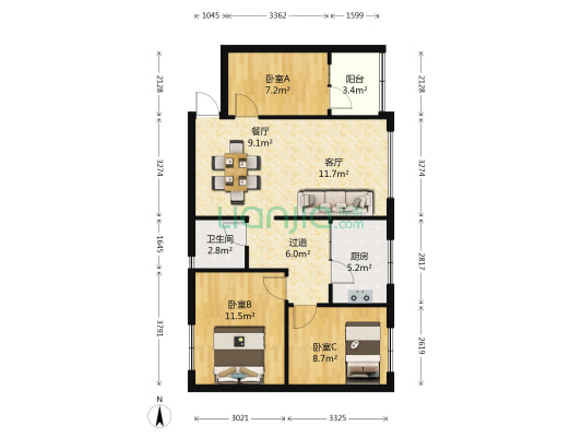 鑫苑小区 3室2厅1卫 77平方