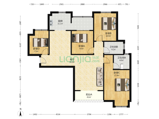 华城商厦 4室1厅2卫 131平方
