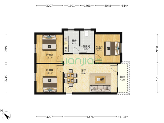 外贸大厦 3室1厅1卫 84平方