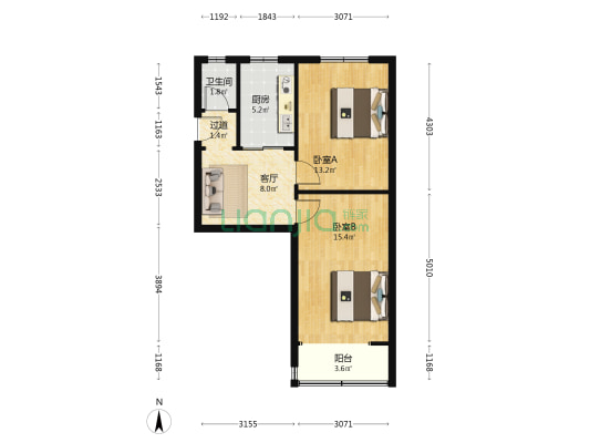 鞍山一路89-101号 2室1厅1卫 59平方