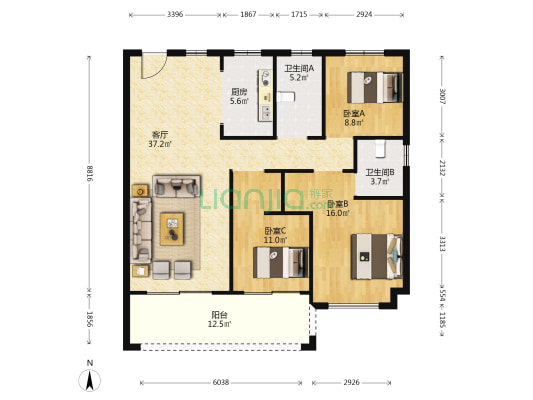 置地百悦府A区 3室1厅2卫 128平方