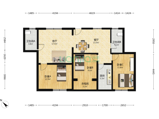 仟村商务大厦 3室2厅2卫 109平方