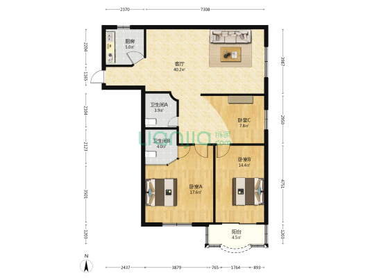 河滨花园 3室1厅2卫 117平方