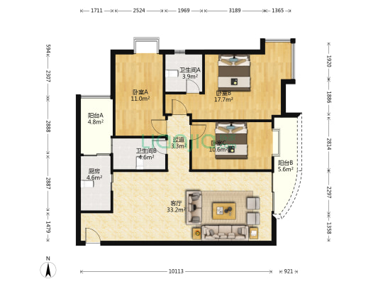 富德居 3室1厅2卫 117平方