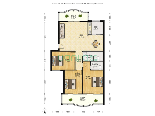 狮城公寓(书城路) 3室1厅2卫 119平方
