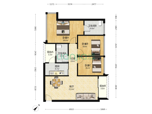 盛龙时代广场 3室1厅2卫 94平方