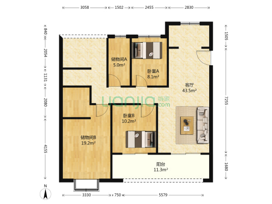 璀璨绿翠花园 2室1厅0卫 119平方