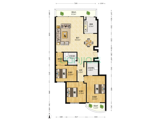 中大锦园 3室1厅2卫 143平方