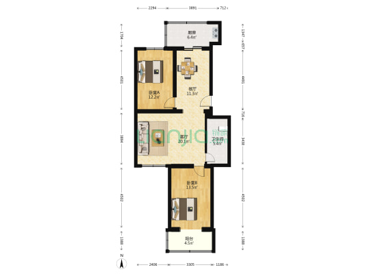亢山佳园小区 2室2厅1卫 95平方
