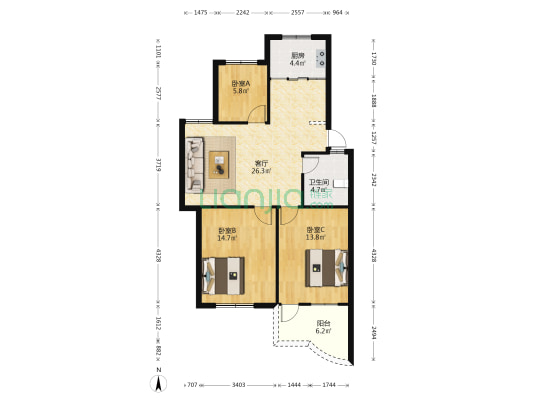 国公花苑 3室1厅1卫 90平方