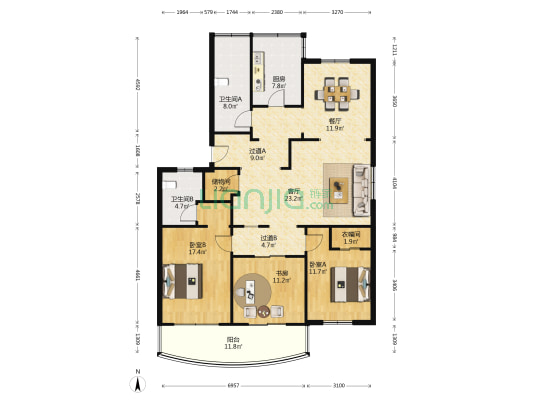 勤学苑 3室2厅2卫 143平方