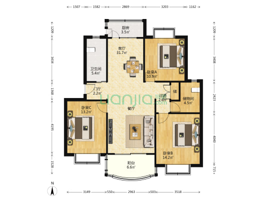 欧洲凯城园 3室1厅1卫 122平方