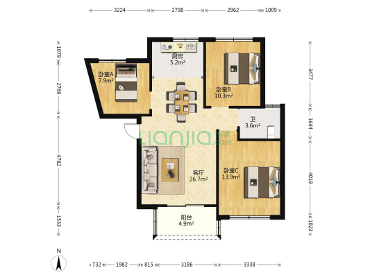 红莲湖高尔夫国际社区 3室1厅1卫 90平方