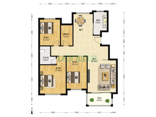 绿城百合 3室1厅1卫 141平方