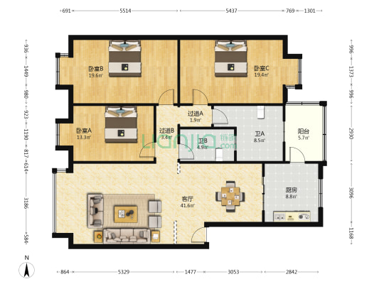 老明珠电力公司住宅小区 3室1厅2卫 142平方