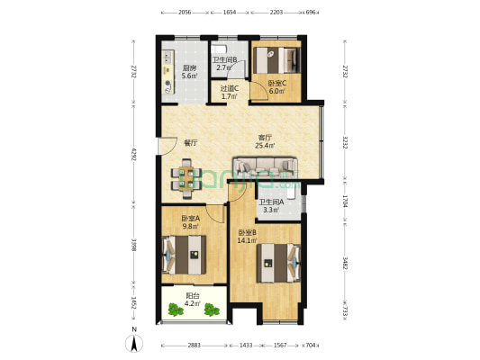 万城杭安府 3室1厅2卫 98平方