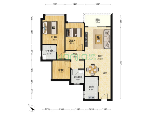 龙湖金地天峯 3室1厅2卫 89平方