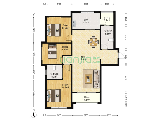 汤臣臻园 3室1厅2卫 136平方