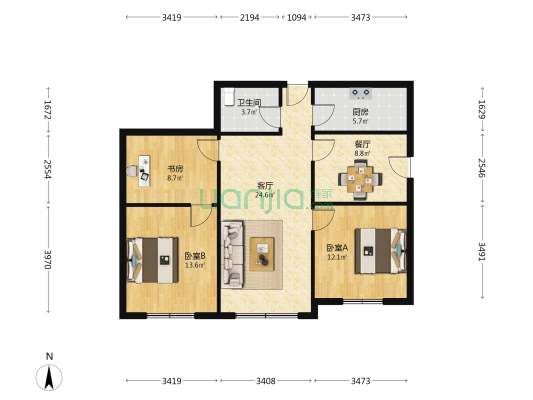 美达家园 3室2厅1卫 95平方