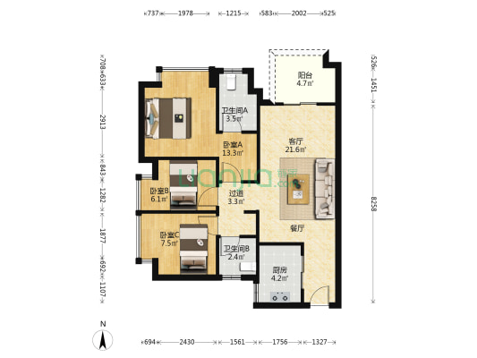 时代天韵 3室1厅2卫 88平方