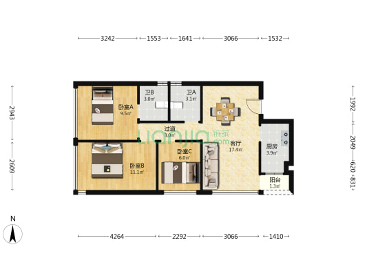 南朗村 3室1厅2卫 65平方