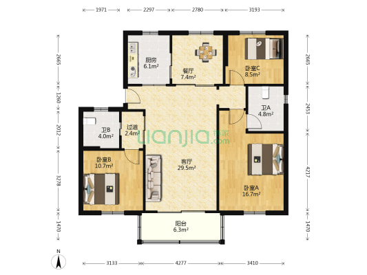 江南新城东区 3室2厅2卫 116平方