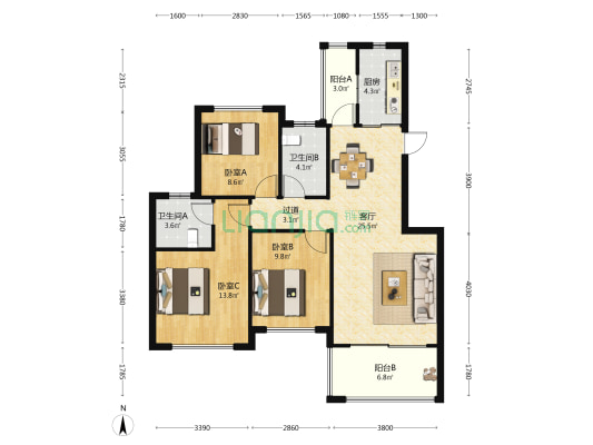 晨华星园 3室1厅2卫 104平方