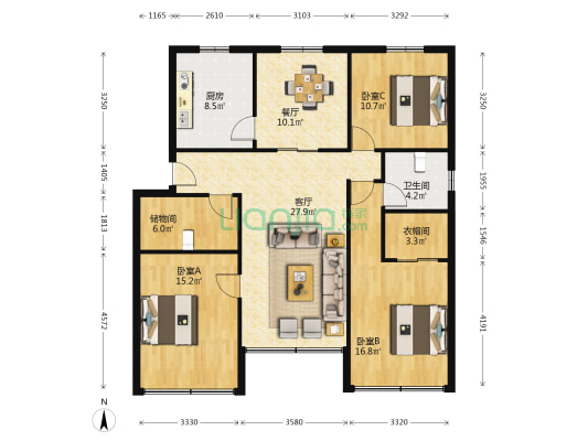 万峰三期小区 3室2厅1卫 125平方