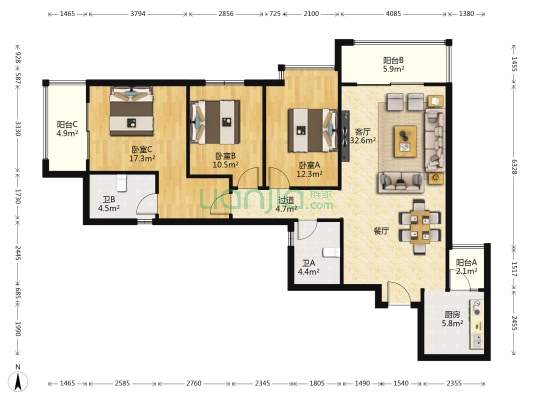 西城时代韶华苑 3室1厅2卫 127平方
