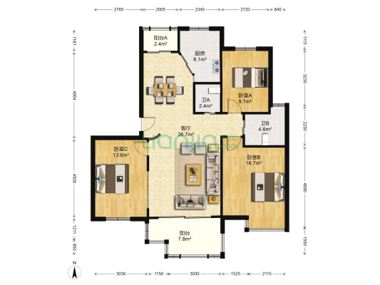 东方名嘉西区 3室1厅2卫 106平方