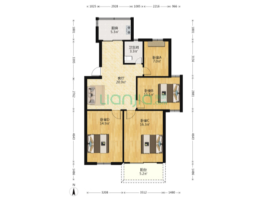 电大宿舍 4室1厅1卫 107平方