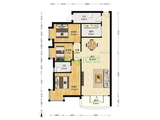 新燕花园 3室1厅2卫 107平方